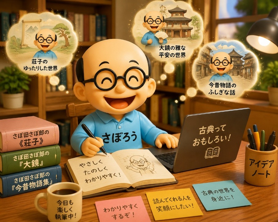 楽しそうに古典シリーズを執筆するさぼ田さぼ郎